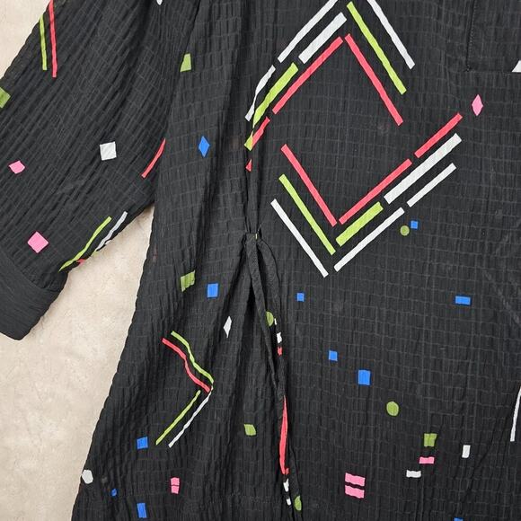 Ali Miles Blouse 1X Geometric Sheer Button Retro Relaxed Timeless Artsy Black - Picture 6 of 7